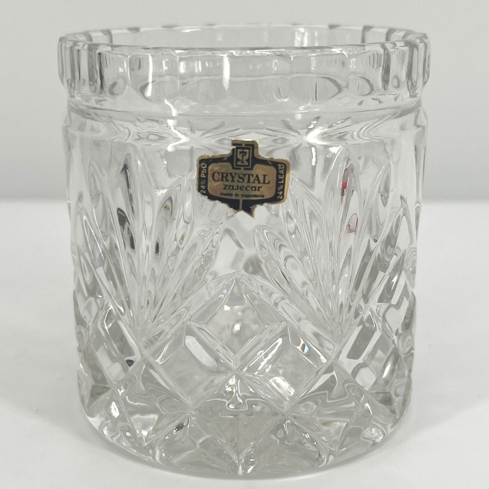Crystal Zajecar Biscuit Jar 24% Lead Crystal Cut Glass VTG Yugoslavia No Lid